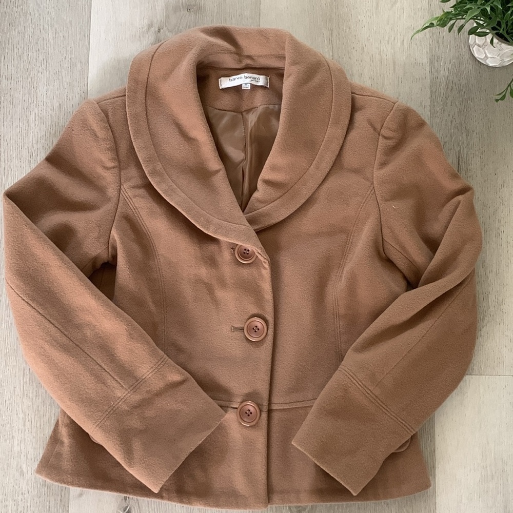 Harvé Bernard Brown Cream Petite‎ Wool cashmere Jacket size 8P - Picture 2 of 9